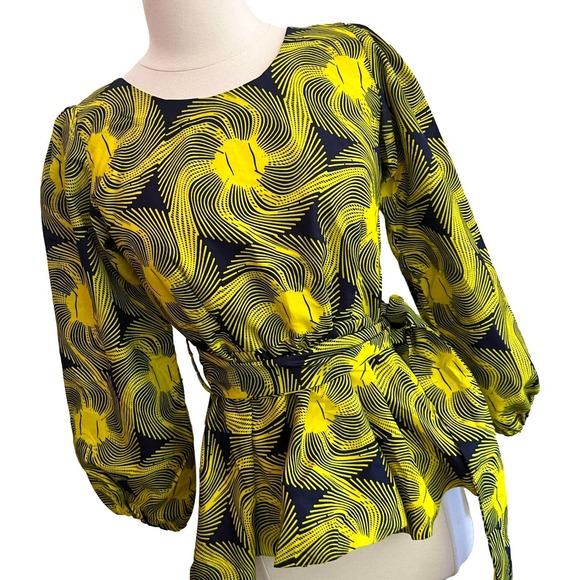 Handmade GS Jochi Fashion  Yellow And Navy Print Peplum Blouse XS - Picture 1 of 10